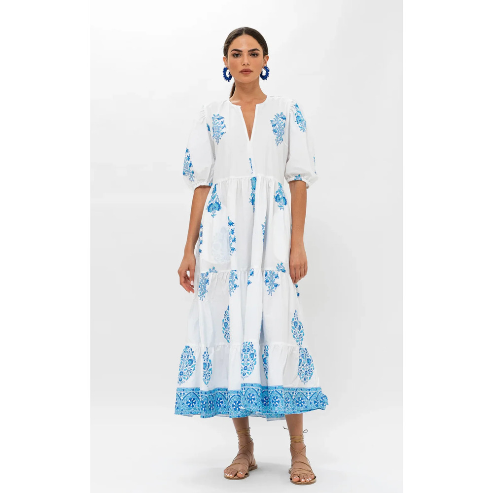 Oliphant White Maxi Dress with Blue Floral Print